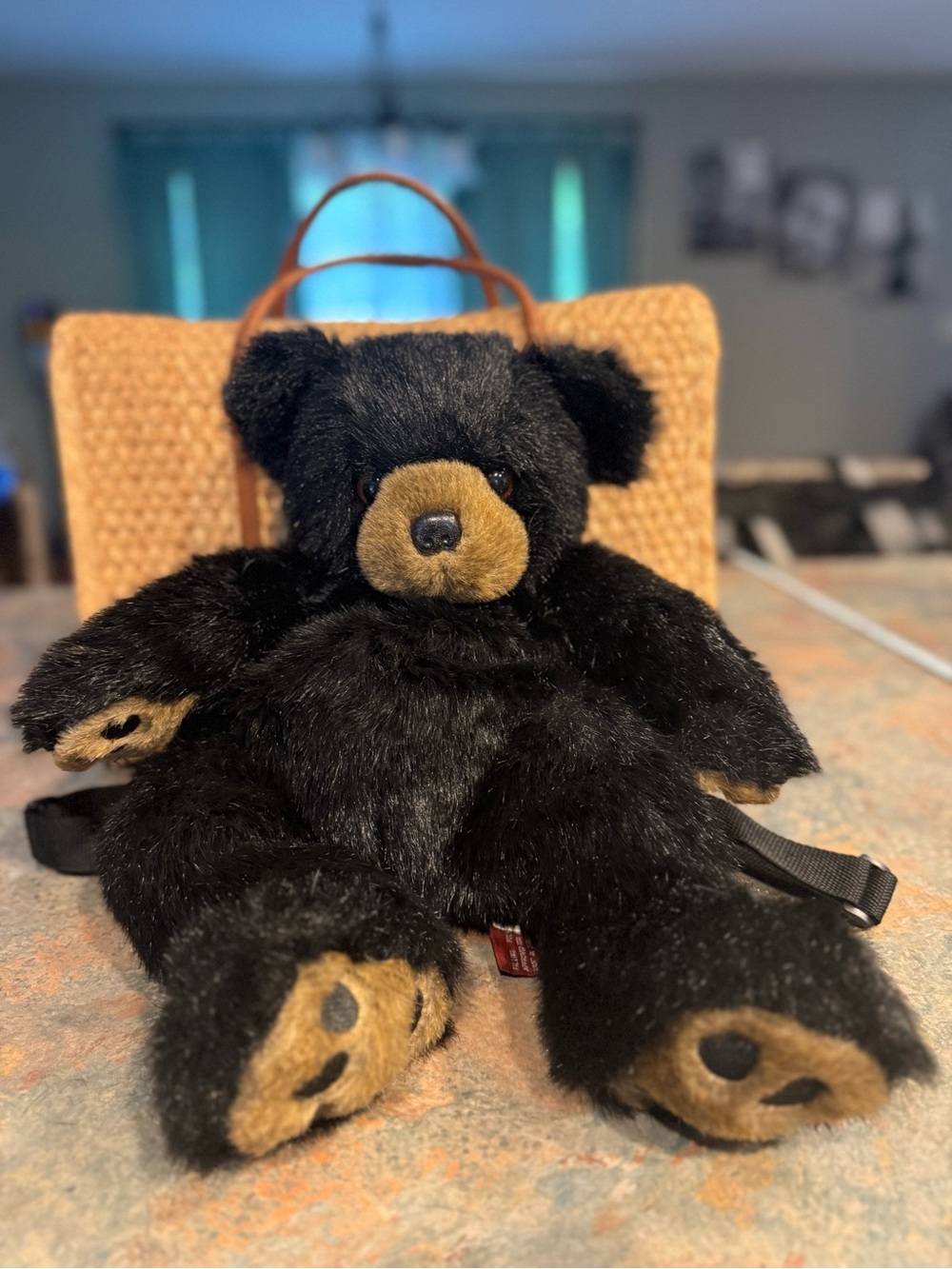 Vintage Plush Black Teddy Bear Plush Backpack with Tan Accents